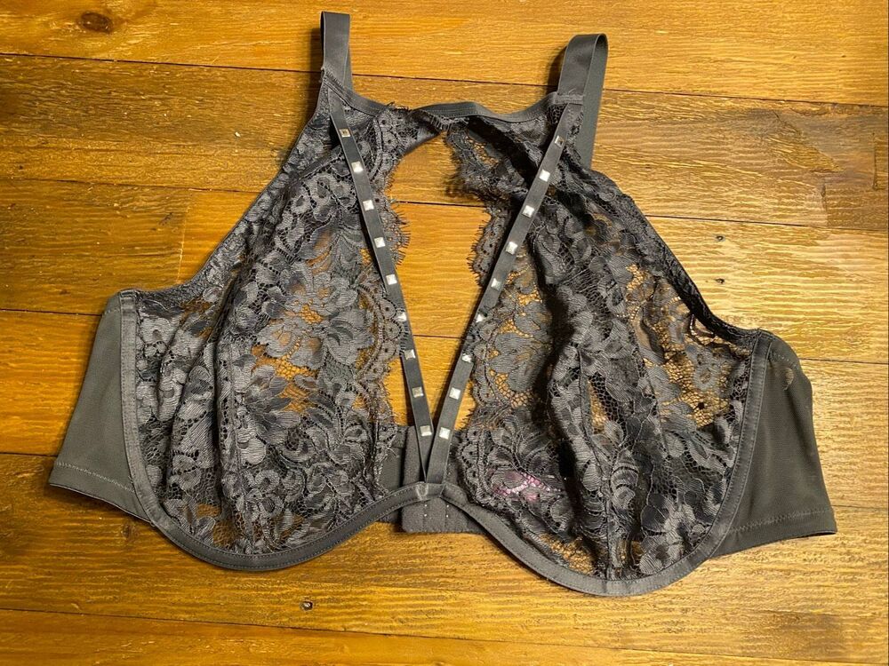Adore Me 46DD Emmeline Unlined high neck grey lace sexy cage bra sheer lingerie
